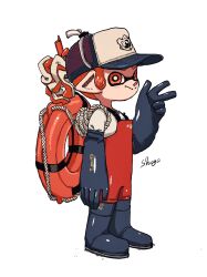 Rule 34 | 1girl, artist name, baseball cap, blue footwear, boots, closed mouth, commentary request, full body, gloves, hat, highres, inkling, inkling girl, inkling player character, lifebuoy, nintendo, pointy ears, print headwear, red eyes, red hair, rubber boots, rubber gloves, salmon run (splatoon), shogo (shogo70449442), short hair, simple background, smile, solo, splatoon (series), splatoon 3, standing, swim ring, tentacle hair, w, white background