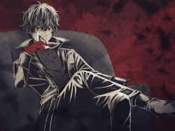 Rule 34 | 11 10 11, 1boy, absurdres, amamiya ren, black hair, closed mouth, coat, collared coat, couch, crossed legs, dark background, domino mask, gloves, greyscale, hair between eyes, hand rest, highres, holding, holding mask, limited palette, long sleeves, looking at viewer, male focus, mask, unworn mask, monochrome, on couch, open clothes, open coat, pants, partially colored, persona, persona 5, pocket, pocket square, popped collar, red background, red eyes, red gloves, shirt, shoes, short hair, sitting, solo, third-party source, turtleneck