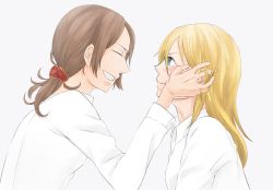Rule 34 | 2girls, :t, blonde hair, brown hair, krista lenz, closed eyes, ec-06, freckles, from side, grin, hand on another&#039;s cheek, hand on another&#039;s face, long sleeves, multiple girls, ponytail, pout, profile, shingeki no kyojin, short hair, simple background, smile, white background, white theme, ymir (shingeki no kyojin), yuri