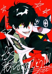Rule 34 | + +, 1boy, amamiya ren, animal, animal on shoulder, black coat, btmr game, cat, coat, gloves, hair between eyes, holding, holding mask, long sleeves, male focus, mask, morgana (persona 5), open mouth, persona, persona 5, persona 5 scramble: the phantom strikers, red background, red gloves, signature, simple background, star (symbol), upper body, yellow eyes