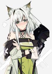 Rule 34 | 1boy, 1girl, animal ear fluff, animal ears, arknights, bare shoulders, blush, can&#039;t be this cute, cat ears, choker, coat, commentary, crossed arms, detached collar, doctor (arknights), dress, english commentary, green dress, green eyes, grey background, highres, kal&#039;tsit (arknights), material growth, ore no imouto ga konna ni kawaii wake ga nai, oripathy lesion (arknights), pokarii zuu, short hair, silver hair, watch, white coat, wristwatch