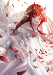Rule 34 | 1girl, absurdres, alternate costume, arknights, blush, demon horns, dress, elbow gloves, fang, feet out of frame, flower, gloves, head wreath, hemorina, highres, horns, long hair, looking at viewer, open mouth, petals, pointy ears, red eyes, red hair, sidelocks, simple background, sitting, skin fang, solo, thighhighs, vigna (arknights), wedding dress, white background, white dress, white flower, white gloves