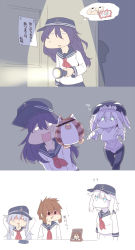 Rule 34 | 3koma, 5girls, abyssal ship, akatsuki (kancolle), akatsuki (kancolle) (cosplay), bar censor, black hair, brown hair, censored, cigarette, cigarette pack, comic, commentary request, cosplay, double v, drooling, flashlight, flat cap, folded ponytail, furby, grey hair, hat, hibiki (kancolle), highres, ikazuchi (kancolle), inazuma (kancolle), kantai collection, multiple girls, navel, neckerchief, photo (object), plasma-chan (kancolle), school uniform, serafuku, shaded face, short hair, silver bell (artist), simple background, sweatdrop, throwing, translation request, v, white hair, wo-class aircraft carrier
