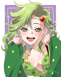 Rule 34 | 1girl, :d, aged up, blush, breasts, cape, dated, detached sleeves, earrings, final fantasy, final fantasy iv, fingernails, green eyes, green hair, highres, jewelry, long hair, looking at viewer, open mouth, rydia (ff4), shikiwo, smile, solo, star (symbol), star earrings, wide sleeves
