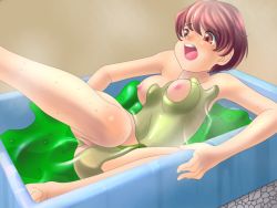 Rule 34 | 1girl, bath, breasts, completely nude, covered erect nipples, female focus, indoors, legs, lying, monster, nipples, nude, pubic hair, pussy, rape, slime (creature), small breasts, solo focus, vaginal, wet