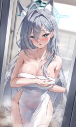 Rule 34 | 1girl, absurdres, ahoge, animal ear fluff, animal ears, bath, blue archive, blue halo, breasts, broken halo, cleavage, commentary, covering privates, cross, cross hair ornament, dark halo, extra ears, grey hair, hair ornament, halo, highres, holding, holding towel, inverted cross, large breasts, long hair, lunacle, mismatched pupils, naked towel, nude, nude cover, shiroko (blue archive), shiroko terror (blue archive), towel, white towel, wolf ears, wolf girl