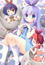 Rule 34 | 3girls, :o, ace (playing card), ace of spades, aono ribbon, bare shoulders, black footwear, blue dress, blue eyes, blue hair, blue hairband, blue ribbon, blush, brown dress, brown eyes, card, checkered floor, chimame-tai, commentary request, cup, dress, feet out of frame, gochuumon wa usagi desu ka?, green eyes, hair between eyes, hair ribbon, hairband, heart, highres, in container, in cup, jouga maya, kafuu chino, kneehighs, knees up, long hair, low twintails, mini person, minigirl, multiple girls, natsu megumi, parted lips, playing card, profile, purple hair, red hair, red hairband, red ribbon, ribbon, shoes, short hair, sleeveless, sleeveless dress, socks, spade (shape), striped clothes, striped dress, teacup, twintails, vertical-striped clothes, vertical-striped dress, very long hair, white legwear, wrist cuffs