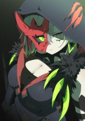 Rule 34 | 1girl, absurdres, breasts, cleavage, colored tips, diabellstar the black witch, duel monster, gloves, green eyes, green hair, half mask, highres, hood, hood up, jewelry, large breasts, mask, medium hair, multicolored hair, pale skin, red mask, solo, urasuka, yu-gi-oh!