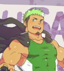 Rule 34 | 1boy, bara, black hair, blush, covered abs, dark-skinned male, dark skin, facial hair, goatee, green hair, ikusaba daisuke, jacket, jacket on shoulders, long sideburns, looking at viewer, lowres, male focus, multicolored hair, muscular, muscular male, pectorals, short hair, sideburns, sidepec, smile, solo, taurus mask, tokyo houkago summoners, two-tone hair, upper body, wind, wrestling outfit, yanutorie
