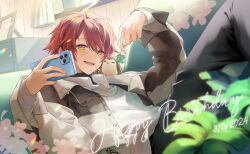 Rule 34 | 1boy, animal, animal on shoulder, bird, bird on shoulder, bishounen, blush, cherry blossoms, clover, commentary request, dated, english text, four-leaf clover, hair between eyes, hanasaki miyabi, hanasaki miyabi (7th costume), happy, happy birthday, highres, holding, holding phone, holostars, indoors, jewelry, knees up, light rays, looking at viewer, luma8b, male focus, necklace, open mouth, owl, phone, picture frame, plant, potted plant, red hair, short hair, smile, solo, teeth, upper teeth only, virtual youtuber, window, yellow eyes