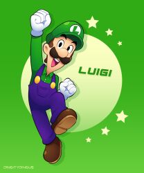 Rule 34 | 1boy, artist name, blue overalls, boots, brown footwear, brown hair, character name, clenched hands, facial hair, gloves, green background, green hat, green shirt, hat, highres, looking at viewer, luigi, male focus, mario (series), mustache, nintendo, open mouth, overalls, shirt, short hair, solo, teeth, upper teeth only, vinny (dingitydingus), watermark, white gloves