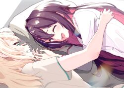 Rule 34 | 2girls, animal collar, azki (hololive), black hair, black headwear, blush, collar, colored inner hair, commentary request, eye contact, green eyes, holding hands, hololive, kazama iroha, long hair, looking at another, lying, multicolored hair, multiple girls, on bed, on side, one eye closed, open mouth, pajamas, pink hair, streaked hair, taachika, tickling, tickling back, virtual youtuber, white hair, yuri