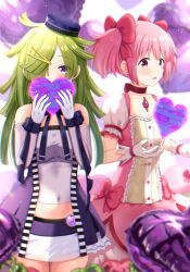 Rule 34 | 2girls, balloon, bare shoulders, blurry, blush, bow, bow choker, breasts, bubble skirt, buttons, choker, collarbone, covered navel, cowboy shot, crop top, detached sleeves, dot nose, dress, frilled sleeves, frills, gem, gloves, green hair, hair bow, hair ornament, hair over one eye, hair ribbon, hairclip, hands up, hat, heart, heart balloon, highres, holding, kaname madoka, long hair, magical girl, mahou shoujo madoka magica, medium breasts, midriff, miniskirt, multiple girls, navel, one eye covered, parted lips, pink dress, pink eyes, pink gemstone, pink hair, puffy short sleeves, puffy sleeves, purple eyes, red bow, red choker, ribbon, ribbon choker, short dress, short hair, short sleeves, short twintails, sidelocks, skirt, small breasts, soul gem, suzugahama, swept bangs, twintails, white gloves, white skirt