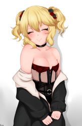 Rule 34 | 1girl, absurdres, alternate costume, alternate hairstyle, blonde hair, breast press, breasts, child, choker, closed eyes, corset, flower, goth fashion, gothic, highres, idolmaster, idolmaster cinderella girls, jewelry, mrhunking, ring, sakurai momoka, small breasts, smile, solo, standing, twintails, white background
