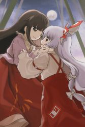Rule 34 | 2girls, arm strap, bamboo, black eyes, black hair, blunt bangs, bow, bowtie, commentary request, commission, criss-cross suspenders, eye contact, face-to-face, feet out of frame, fog, fujiwara no mokou, full moon, grey shirt, grin, hair bow, hands on another&#039;s face, highres, houraisan kaguya, long hair, long sleeves, looking at another, moon, multiple girls, night, open mouth, pants, pink shirt, red bow, red eyes, red pants, red skirt, sakumo (okura oishiiii), shirt, sideways mouth, skeb commission, skirt, smile, tearing up, touhou, very long hair, white bow, white bowtie, white hair, zun (style)