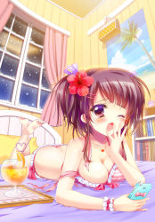 Rule 34 | 1girl, arm support, barefoot, bed, bikini, blush, bookshelf, breasts, brown hair, butt crack, cellphone, cleavage, curtains, drink, feet, flower, frilled bikini, frills, hair flower, hair ornament, hibiscus, highres, ichi rin, jewelry, long hair, lying, medium breasts, necklace, on stomach, original, phone, ponytail, purple eyes, shiny skin, short hair with long locks, snow, solo, striped bikini, striped clothes, swimsuit, tears, untied, window, yawning