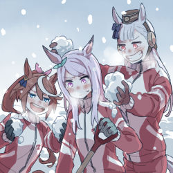 Rule 34 | 3girls, black gloves, blue eyes, blush, breath, brown gloves, brown hair, cold, commentary request, gloves, gold ship (umamusume), green gloves, grey hair, grin, holding, holding snowball, jacket, long hair, looking at another, mejiro mcqueen (umamusume), multicolored hair, multiple girls, nose blush, pants, pillbox hat, pink eyes, pink hair, ponytail, red eyes, red jacket, red pants, ree (re-19), shovel, smile, snow, snowball, streaked hair, sweatdrop, teeth, tokai teio (umamusume), track jacket, umamusume