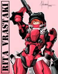 Rule 34 | 1girl, adriano lima, all you need is kill, arm behind back, arm up, armor, derivative work, huge weapon, orange hair, over shoulder, power armor, power suit, red eyes, rita vrataski, solo, typo, visor, weapon, weapon over shoulder