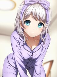 Rule 34 | 1girl, :o, absurdres, all fours, bang dream!, blue eyes, blush, breasts, cleavage, commentary, grey hair, hair down, highres, looking at viewer, medium breasts, noshimurin, open mouth, pajamas, parted lips, pastel palettes (bang dream!), purple pajamas, ribbon, sleepwear, solo, wakamiya eve, white hair