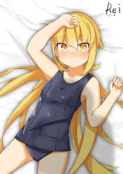 Rule 34 | 1girl, absurdres, blonde hair, blue one-piece swimsuit, blush, breasts, collarbone, covered navel, embarrassed, etsuransha no rei, frown, highres, kantai collection, long hair, looking at viewer, low twintails, lying, old school swimsuit, on bed, one-piece swimsuit, satsuki (kancolle), school swimsuit, small breasts, solo, swimsuit, twintails, twitter username
