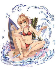 Rule 34 | 1girl, armpits, bare arms, bare legs, bare shoulders, barefoot, bikini, blonde hair, blush, braid, breasts, collarbone, fate/apocrypha, fate/grand order, fate (series), french braid, frown, full body, green eyes, hair bobbles, hair ornament, knees up, looking at viewer, mordred (fate), mordred (fate) (all), mordred (fate/apocrypha), mordred (swimsuit rider) (fate), mordred (swimsuit rider) (first ascension) (fate), navel, parted lips, ponytail, red bikini, short hair, short ponytail, sitting, small breasts, solo, spread legs, stomach, string bikini, surfboard, swimsuit, water, white crow, wristband