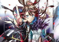 Rule 34 | 1girl, amiya (arknights), animal ears, arknights, black jacket, blue eyes, brown hair, closed mouth, cno, commentary request, highres, jacket, long hair, long sleeves, looking at viewer, multiple rings, outstretched arm, ponytail, purple neckwear, rabbit ears, ring, shirt, solo, white shirt