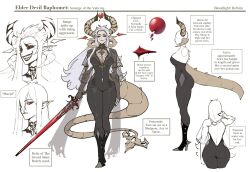 Rule 34 | 1girl, almonde jagger (nyantcha), alternate form, ass, ass focus, back, back focus, bodysuit, breasts, character design, character sheet, concept art, demon girl, demon horns, demon tail, english text, expressions, highres, horns, huge ass, large breasts, long hair, looking at viewer, multiple horns, multiple views, nyantcha, original, pale skin, pointy ears, red eyes, scar, scar on face, sword, tail, weapon, white hair