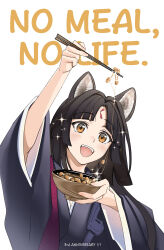 Rule 34 | 1girl, :d, animal ear fluff, animal ears, arknights, arm up, bad id, bad twitter id, black hair, black kimono, chopsticks, commentary request, dog ears, english text, facial mark, food, forehead mark, highres, holding, holding chopsticks, japanese clothes, kimono, long hair, long sleeves, looking at viewer, nattou, open mouth, orange eyes, parted bangs, saga (arknights), simple background, smile, solo, white background, wide sleeves, yokaze (yokajie)