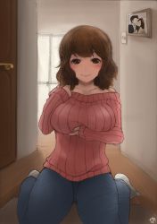 Rule 34 | 1girl, bare shoulders, breast hold, breasts, brown eyes, brown hair, denim, jeans, large breasts, long hair, looking at viewer, original, pants, ribbed sweater, sakushin, sitting, smile, solo, sweater, wariza