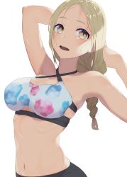 Rule 34 | 1girl, absurdres, bikini, blonde hair, braid, breasts, cleavage, clothing cutout, criss-cross halter, floral print, halterneck, halterneck, highres, kana (peropepero), large breasts, long hair, looking at viewer, navel, open mouth, school girl strikers, simple background, single braid, solo, swimsuit, underboob cutout, upper body, wet, white background, yamabuki kaede (school girl strikers), yellow eyes