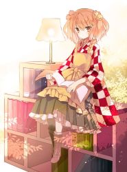 Rule 34 | 1girl, apron, bad id, bad twitter id, bell, book, bookshelf, boots, checkered clothes, checkered kimono, cierra (ra-bit), cross-laced footwear, full body, hair bell, hair ornament, japanese clothes, kimono, lace-up boots, long sleeves, matching hair/eyes, motoori kosuzu, open book, orange eyes, orange hair, ribbon, sitting, skirt, solo, touhou, twintails, two side up, wide sleeves
