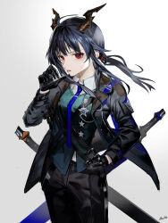 Rule 34 | 1girl, alternate costume, arknights, black gloves, black jacket, black pants, blue hair, blue necktie, ch&#039;en (arknights), collared shirt, dragon girl, dragon horns, female focus, gloves, green vest, hand on own hip, hand up, highres, horns, jacket, long hair, looking at viewer, low twintails, mackia, necktie, pants, parted lips, red eyes, scabbard, sheath, sheathed, shirt, sidelocks, simple background, solo, standing, sword, twintails, vest, weapon, white background, white shirt