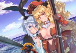 Rule 34 | 2girls, animal ears, anne bonny (fate), belt, blonde hair, blue eyes, breasts, cleavage, coat, collar, ascot, fate/grand order, fate (series), grey hair, hairband, large breasts, lips, long hair, looking at viewer, mary read (fate), multiple girls, red eyes, rifle, scar, short hair, small breasts, smile, standing, sword, twintails, weapon