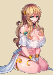 Rule 34 | 1girl, absurdres, aqua eyes, bare shoulders, belly, blonde hair, breasts, brown background, cleavage, fengmo, highres, large breasts, long hair, looking at viewer, midriff, naughty face, navel, original, seiza, simple background, sitting, skindentation, smile, solo, thick thighs, thighs