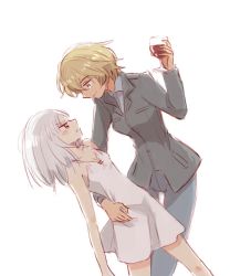 Rule 34 | 10s, 2girls, alcohol, blonde hair, blush, brave witches, brown eyes, cup, drinking glass, edytha rossmann, eye contact, holding, holding cup, holding drinking glass, keme2, long hair, looking at another, military, military uniform, multiple girls, nightgown, pantyhose, short hair, silver hair, simple background, smile, uniform, waltrud krupinski, white background, wine, wine glass, world witches series, yuri
