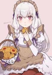 Rule 34 | 1girl, apron, basket, braid, closed mouth, cookie, fire emblem, fire emblem: three houses, fire emblem heroes, food, frilled apron, frills, highres, holding, holding basket, long hair, long sleeves, lysithea von ordelia, maid, maid apron, maid headdress, nintendo, official alternate costume, official alternate hairstyle, peach11 01, picnic basket, pink eyes, puffy sleeves, simple background, solo, waist apron, white hair