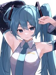 Rule 34 | 1girl, armpits, arms up, black sleeves, blue eyes, blue hair, blue necktie, detached sleeves, embarrassed, hatsune miku, highres, long hair, necktie, rakugaki ningen, shirt, sleeveless, sleeveless shirt, solo, twintails, very long hair, vocaloid, white background, white shirt