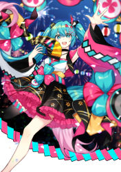 Rule 34 | 1girl, 39, aqua eyes, aqua hair, armpits, asymmetrical legwear, asymmetrical sleeves, black skirt, blurry, blurry background, commentary, confetti, detached sleeves, drum, feet out of frame, fenghu (huli), fireworks, floral print, folding fan, frilled skirt, frills, hair ornament, hairclip, hand fan, hatsune miku, highres, holding, holding fan, instrument, japanese clothes, kimono, long hair, looking at viewer, magical mirai (vocaloid), magical mirai miku, magical mirai miku (2020 summer), mismatched sleeves, nail polish, night, open mouth, ribbon, single thighhigh, skirt, smile, solo, speaker, thighhighs, twintails, uneven legwear, very long hair, vocaloid, yukata