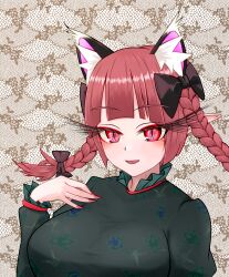Rule 34 | 1girl, :d, absurdres, animal ear fluff, animal ears, blunt bangs, bow, breasts, cat ears, commentary request, dress, extra ears, eyelashes, fingernails, floral background, frills, green dress, grey background, hair bow, hair ribbon, hand on own chest, hand up, highres, juliet sleeves, kaenbyou rin, large breasts, long hair, long sleeves, looking at viewer, nail polish, open mouth, pointy ears, puffy sleeves, red eyes, red hair, red nails, ribbon, sharp fingernails, simple background, smile, solo, sugar you, touhou, tress ribbon, upper body