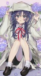 Rule 34 | 1girl, arms up, black footwear, black hair, blue eyes, blue flower, blush, collared shirt, commentary request, flower, full body, hair between eyes, highres, hood, hood up, hydrangea, knees up, loafers, long hair, long sleeves, looking at viewer, neck ribbon, original, parted lips, petals, rain, raincoat, red ribbon, ribbon, sha2mo, shirt, shoes, signature, sleeves past wrists, socks, solo, wet, white shirt, white socks, wide sleeves