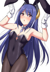 Rule 34 | 1girl, animal ears, bad id, bad twitter id, bare shoulders, black leotard, black pantyhose, blue hair, blush, breasts, brown eyes, cleavage, covered navel, detached collar, fake animal ears, gloves, hands up, highleg, highleg leotard, horns, horosuke, leotard, long hair, looking at viewer, medium breasts, open mouth, pantyhose, playboy bunny, princess connect!, rabbit ears, rei (princess connect!), simple background, solo, thighs, white background, wrist cuffs