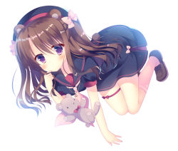 Rule 34 | 1girl, animal ears, bear ears, beret, black dress, black hat, black sailor collar, blush, bow, brown footwear, brown hair, closed mouth, commentary request, dress, dutch angle, full body, hair between eyes, hat, kneehighs, loafers, long hair, looking at viewer, original, pink bow, pink socks, purple eyes, sailor collar, sailor dress, shoes, simple background, socks, solo, stuffed animal, stuffed toy, sumii, teddy bear, two side up, white background