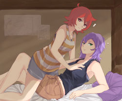 Rule 34 | 2girls, aged down, alternate costume, bed, blush, grabbing another&#039;s breast, breasts, bunk bed, casual, chariot du nord, collarbone, couple, croix meridies, grabbing, green eyes, hand on another&#039;s chest, highres, little witch academia, looking at viewer, lying, medium breasts, medium hair, multiple girls, oishii tuna, poster (object), purple hair, red eyes, red hair, short hair, straddling, surprised, ursula callistis, yuri