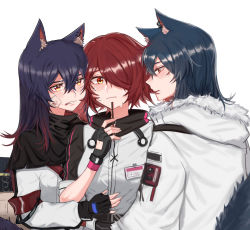 Rule 34 | 3girls, animal ear fluff, animal ears, arknights, black capelet, black gloves, black hair, blush, capelet, clenched teeth, commentary request, dual persona, exusiai (arknights), fingerless gloves, food, fur-trimmed jacket, fur trim, gloves, hair between eyes, hair over one eye, hand up, highres, holding, holding food, hug, jacket, kotori (b-i-r-d), long hair, long sleeves, looking at another, multiple girls, official alternate costume, pocky, profile, raglan sleeves, red hair, short hair, simple background, smile, sweat, teeth, texas (arknights), texas (winter messenger) (arknights), upper body, white background, white jacket, wolf ears, yellow eyes