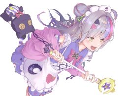 Rule 34 | 1girl, :d, apron, character doll, detached sleeves, double bun, hair bun, hair ornament, hairclip, harapeko zombie inu, highres, holding, holding staff, hololive, jacket, lolita fashion, long hair, magical girl, maid headdress, multicolored hair, murasaki shion, murasaki shion (magical girl maid), open mouth, pink hair, pink jacket, purple hair, shiokko (murasaki shion), silver hair, simple background, sleeveless, smile, solo, staff, streaked hair, stuffed animal, stuffed cat, stuffed toy, sweet lolita, triangle hair ornament, v-shaped eyebrows, virtual youtuber, w arms, white apron, white background, yellow eyes