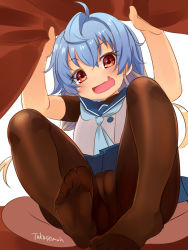 Rule 34 | 1girl, ahoge, artist name, blonde hair, blue hair, blush, brown pantyhose, cameltoe, commentary request, feet, highres, kantai collection, long hair, looking at viewer, neckerchief, no shoes, open mouth, pantyhose, red eyes, sado (kancolle), sailor collar, sitting, solo, takase muh