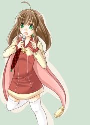 Rule 34 | 1girl, ahoge, artist request, blush, brown hair, cape, closed umbrella, coat, green eyes, hair ornament, hairband, hexagram, lilka eleniak, long hair, low-tied long hair, lowres, open mouth, sidelocks, skirt, smile, solo, thighhighs, twintails, umbrella, white thighhighs, wild arms, wild arms 2, zettai ryouiki