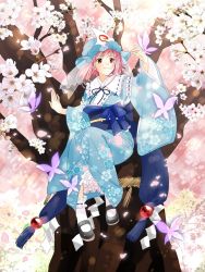 Rule 34 | 1girl, arm up, black footwear, blue dress, blue kimono, blue ribbon, branch, bug, butterfly, cherry blossoms, dress, floral print, flower, frilled shirt collar, frilled socks, frills, glowing, glowing petals, hat, in tree, insect, japanese clothes, kimono, koma midori, long sleeves, looking up, mary janes, mob cap, neck ribbon, obi, obiage, obijime, open mouth, orb, petals, petticoat, pink hair, red eyes, ribbon, rope, saigyouji yuyuko, sash, see-through, shide, shimenawa, shoes, short hair, sitting, sitting in tree, smile, socks, solo, touhou, tree, triangular headpiece, unmoving pattern, veil, white socks, wide sleeves, wind, wind lift