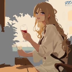 Rule 34 | 1girl, alcohol, alternate costume, artist logo, blonde hair, brown eyes, cup, drinking glass, haruto (harut n), kantai collection, long hair, looking at viewer, one-hour drawing challenge, shirt, sitting, smile, solo, table, wavy hair, white shirt, wine, wine glass, zara (kancolle)