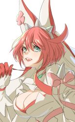 Rule 34 | 1girl, animal ears, blue eyes, bow, breasts, cleavage, clover, dress, dress bow, elphelt valentine, fake animal ears, four-leaf clover, guilty gear, guilty gear xrd, hair between eyes, hitsuji kusa, large breasts, looking at viewer, open mouth, pink bow, pink hair, rabbit ears, solo, teeth, upper body, upper teeth only, wedding dress, white dress